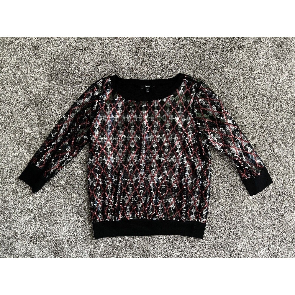 EXPRESS Black Red Silver Sequin Pullover Sweatshirt Top 3/4” Sleeve Size Large